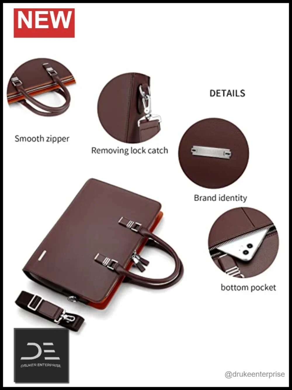 Leather Briefcase Laptop Bag for Men with Padded Handle Shoulder Strap